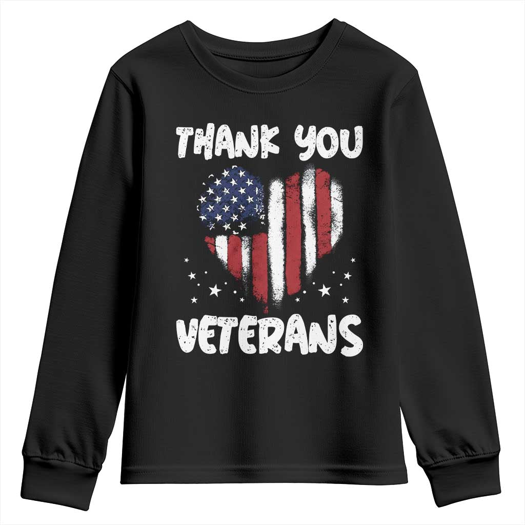 Thank You Veterans Youth Sweatshirt Patriotic Veterans Day Grunge USA Flag Heart TS10 Black Print Your Wear