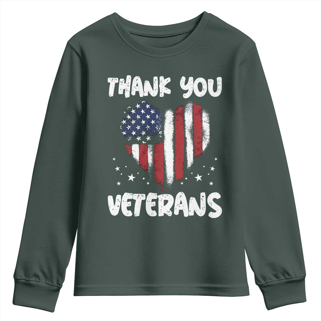 Thank You Veterans Youth Sweatshirt Patriotic Veterans Day Grunge USA Flag Heart TS10 Dark Forest Green Print Your Wear