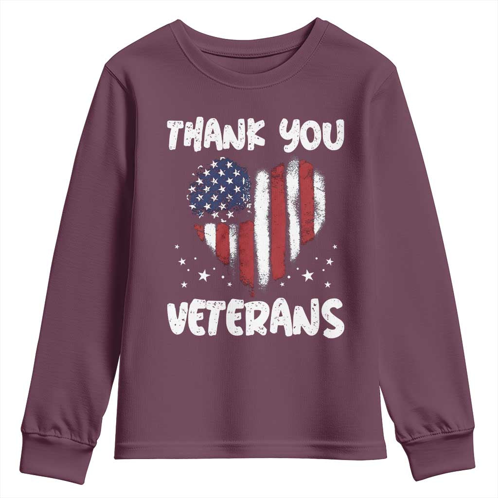 Thank You Veterans Youth Sweatshirt Patriotic Veterans Day Grunge USA Flag Heart TS10 Maroon Print Your Wear