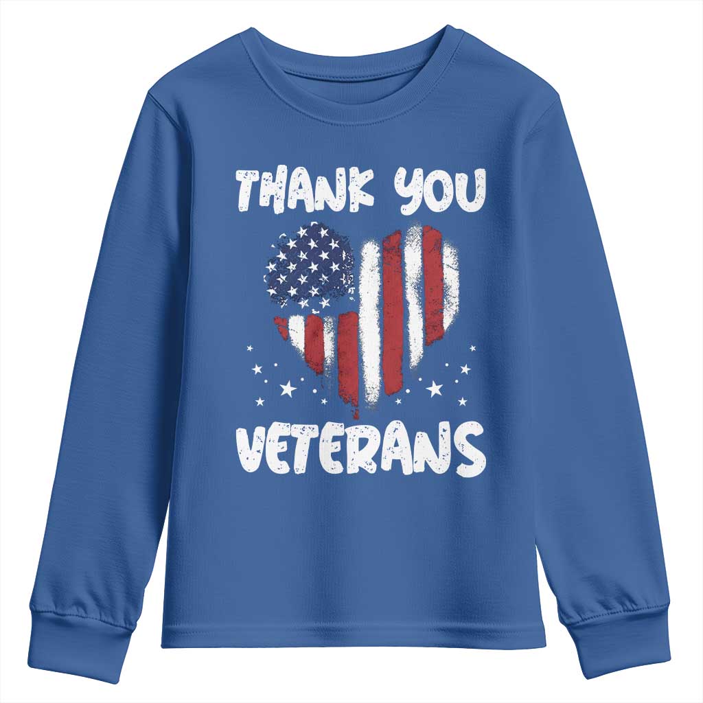 Thank You Veterans Youth Sweatshirt Patriotic Veterans Day Grunge USA Flag Heart TS10 Royal Blue Print Your Wear
