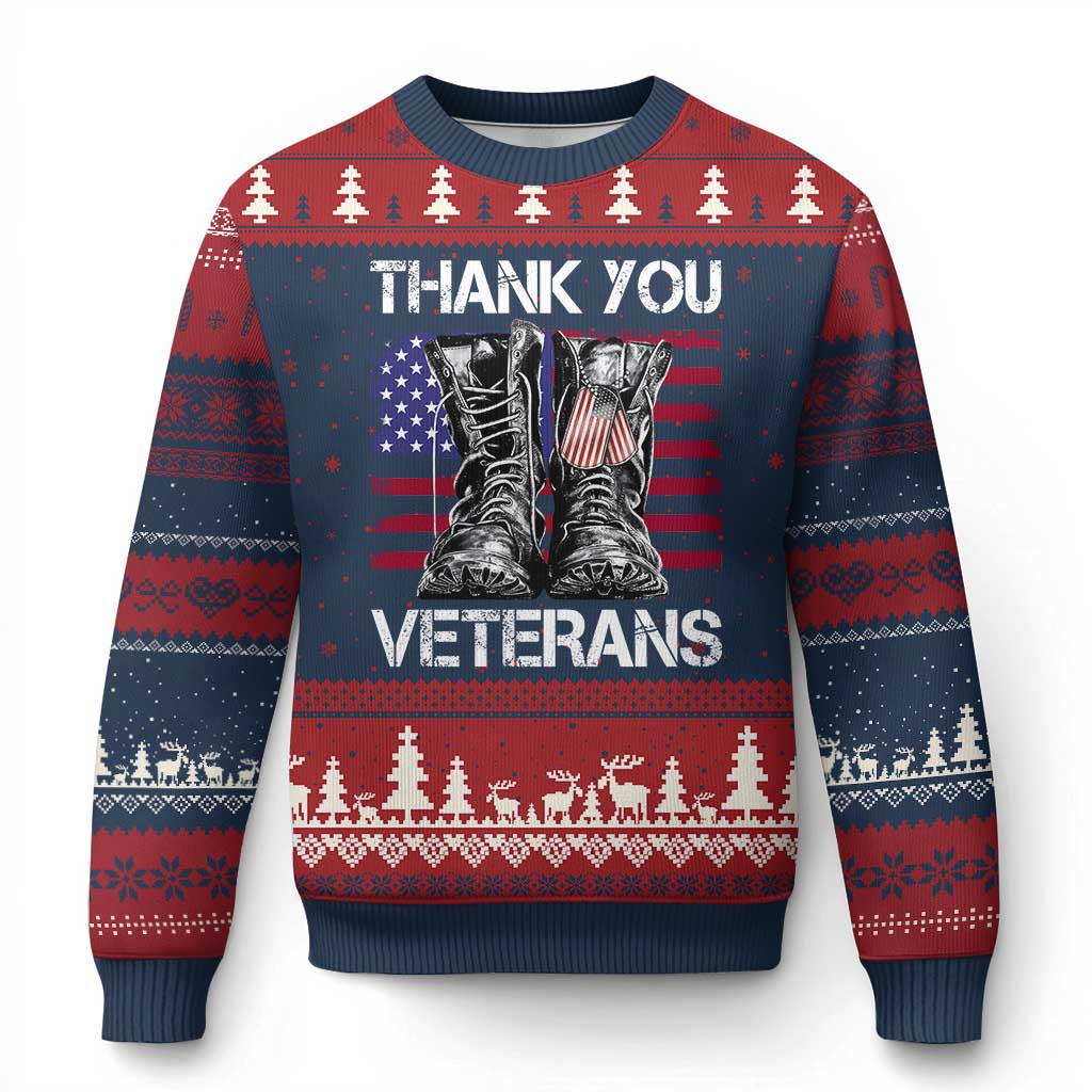 Thank You Veterans Ugly Christmas Sweater American Flag Military Supportive Veterans Day TS10 Navy Red Print Your Wear