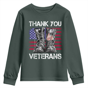 Thank You Veterans Youth Sweatshirt American Flag Military Supportive Veterans Day TS10 Dark Forest Green Print Your Wear
