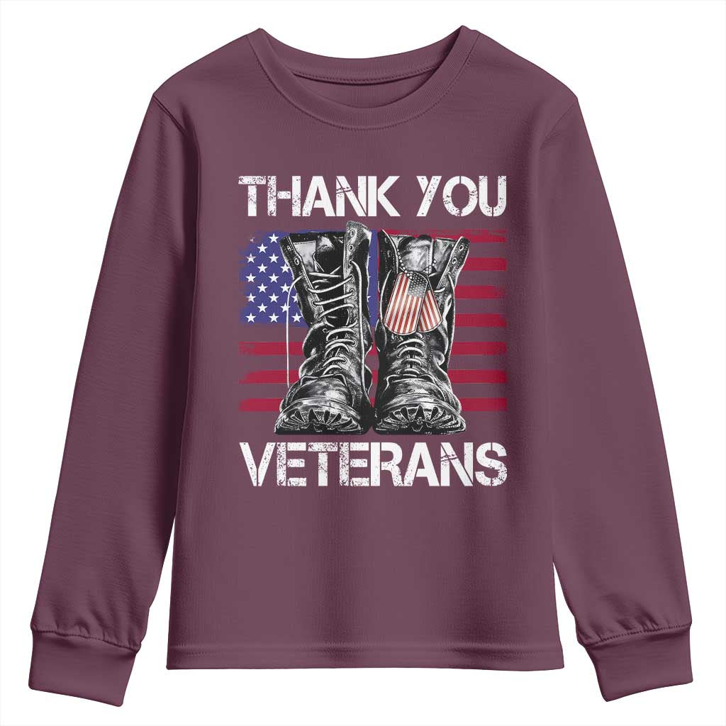 Thank You Veterans Youth Sweatshirt American Flag Military Supportive Veterans Day TS10 Maroon Print Your Wear