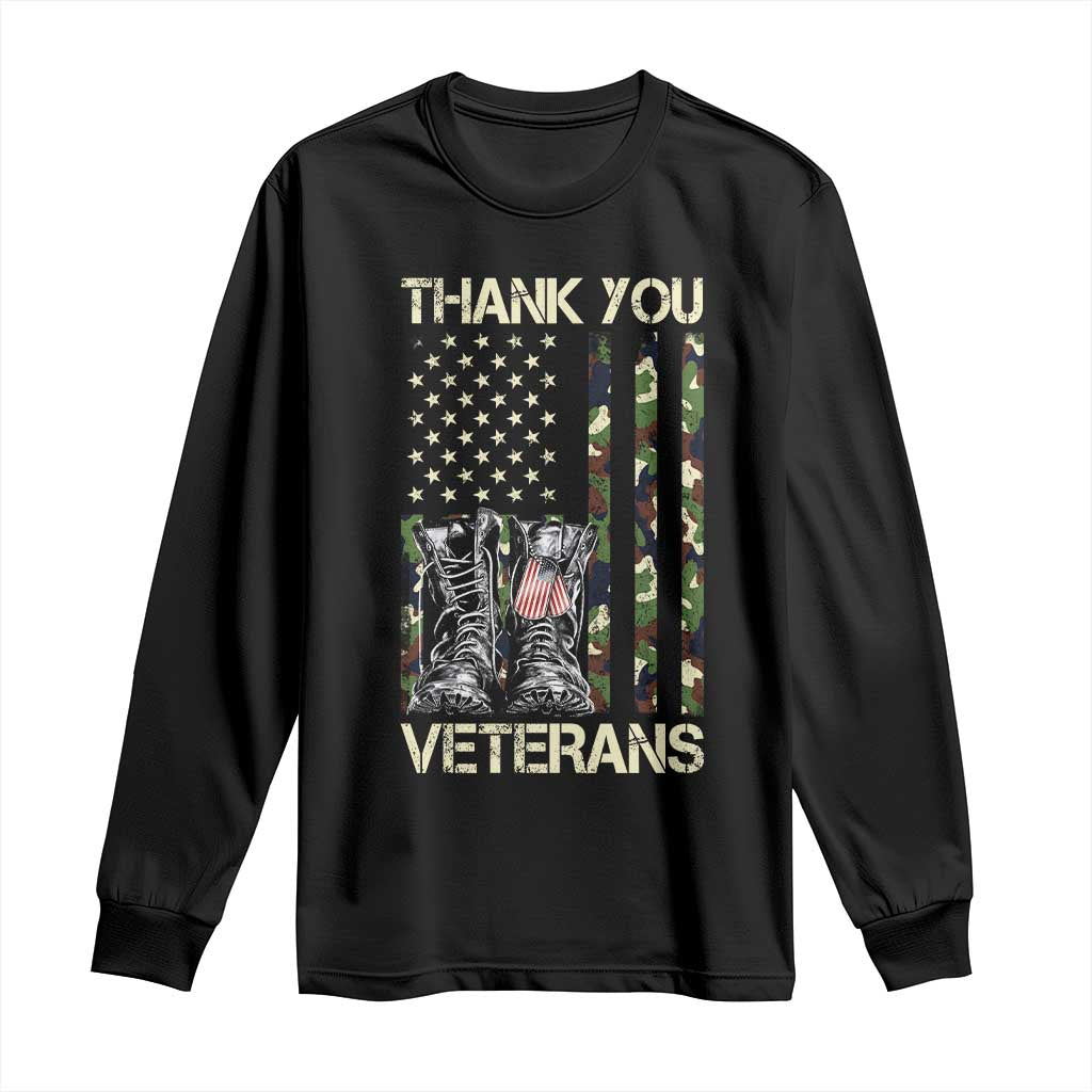 Thank You Veterans Long Sleeve Shirt Camo American Flag Military Supportive Veterans Day TS10 Black Print Your Wear