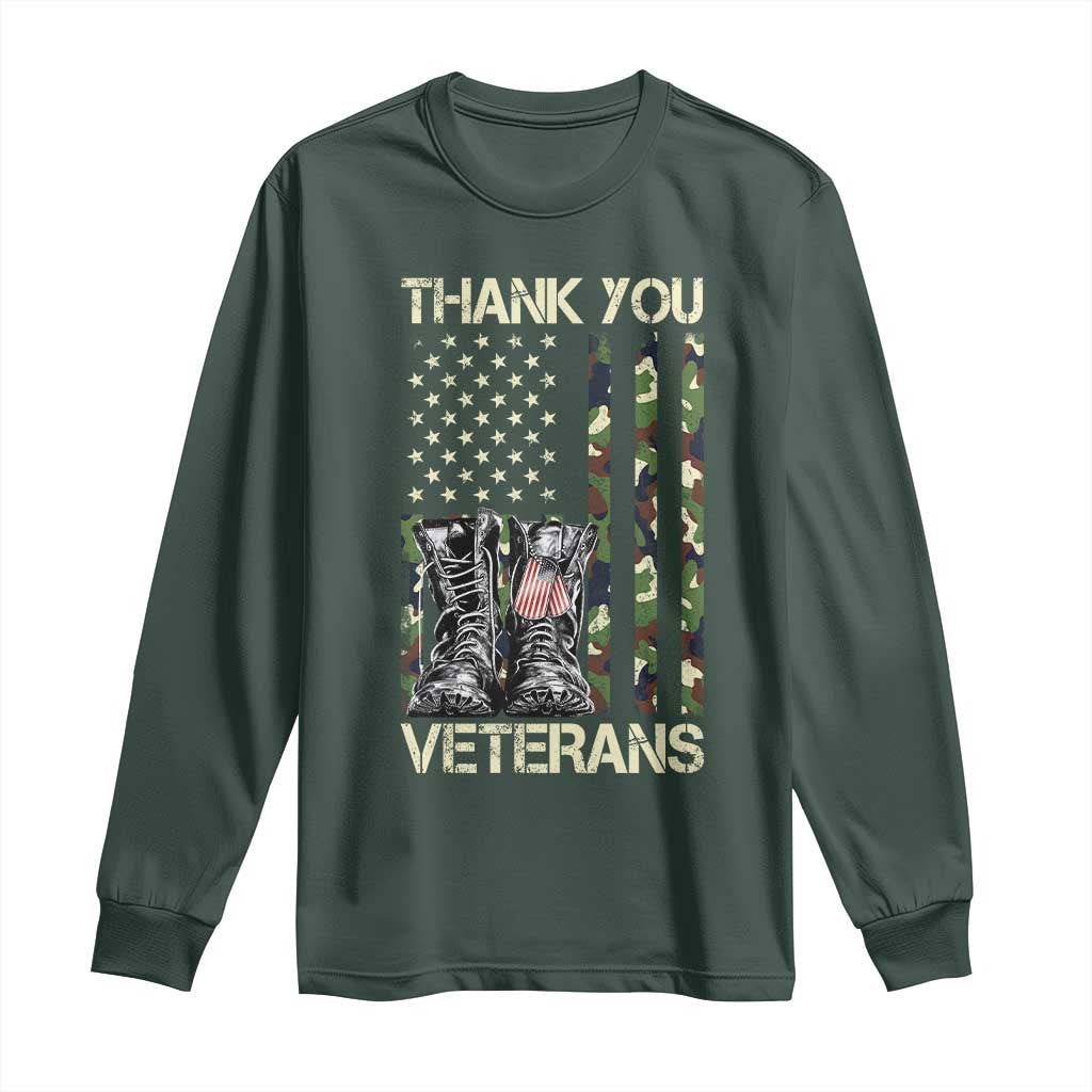 Thank You Veterans Long Sleeve Shirt Camo American Flag Military Supportive Veterans Day TS10 Dark Forest Green Print Your Wear