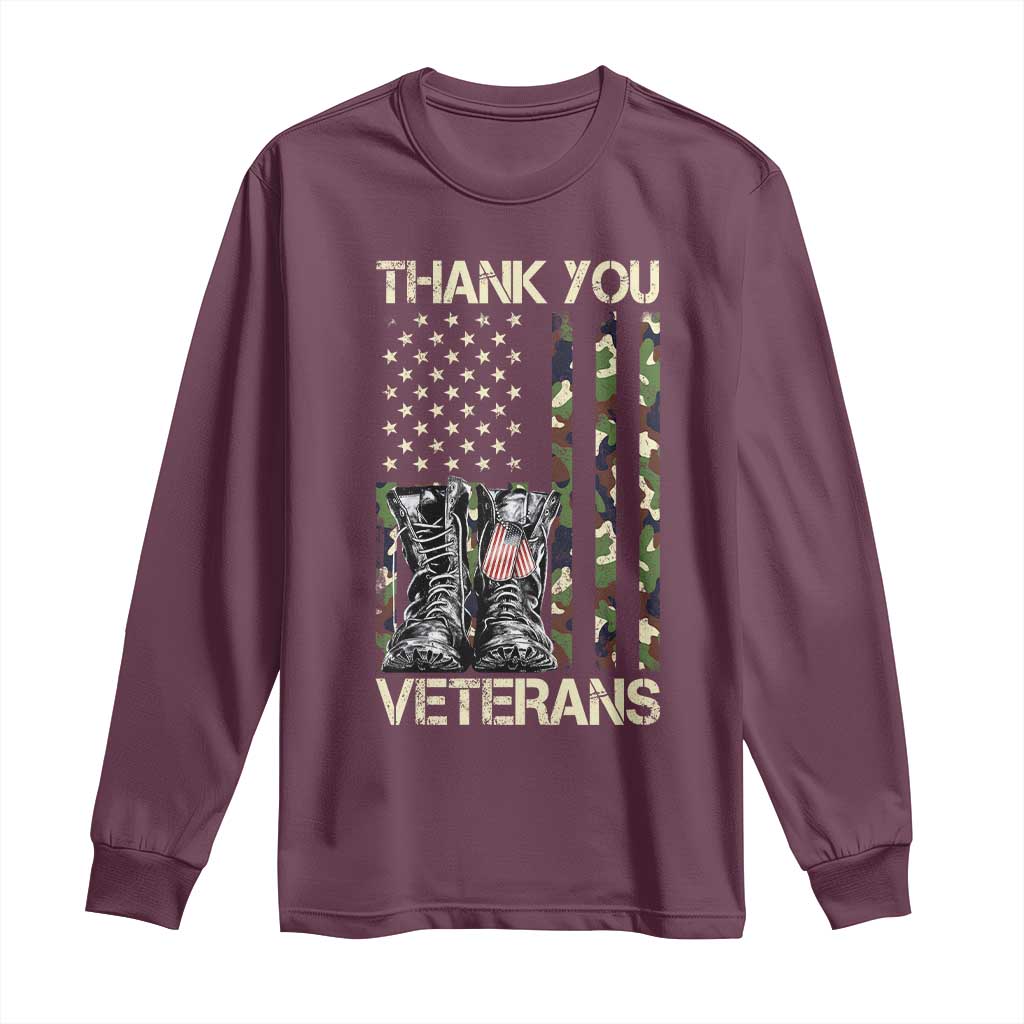 Thank You Veterans Long Sleeve Shirt Camo American Flag Military Supportive Veterans Day TS10 Maroon Print Your Wear
