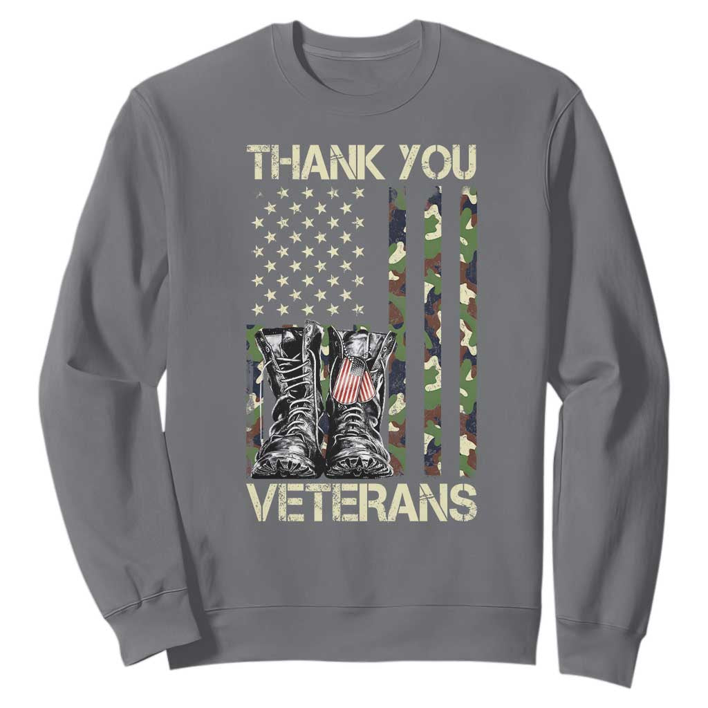 Thank You Veterans Sweatshirt Camo American Flag Military Supportive Veterans Day TS10 Charcoal Print Your Wear