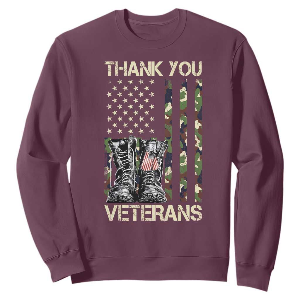 Thank You Veterans Sweatshirt Camo American Flag Military Supportive Veterans Day TS10 Maroon Print Your Wear