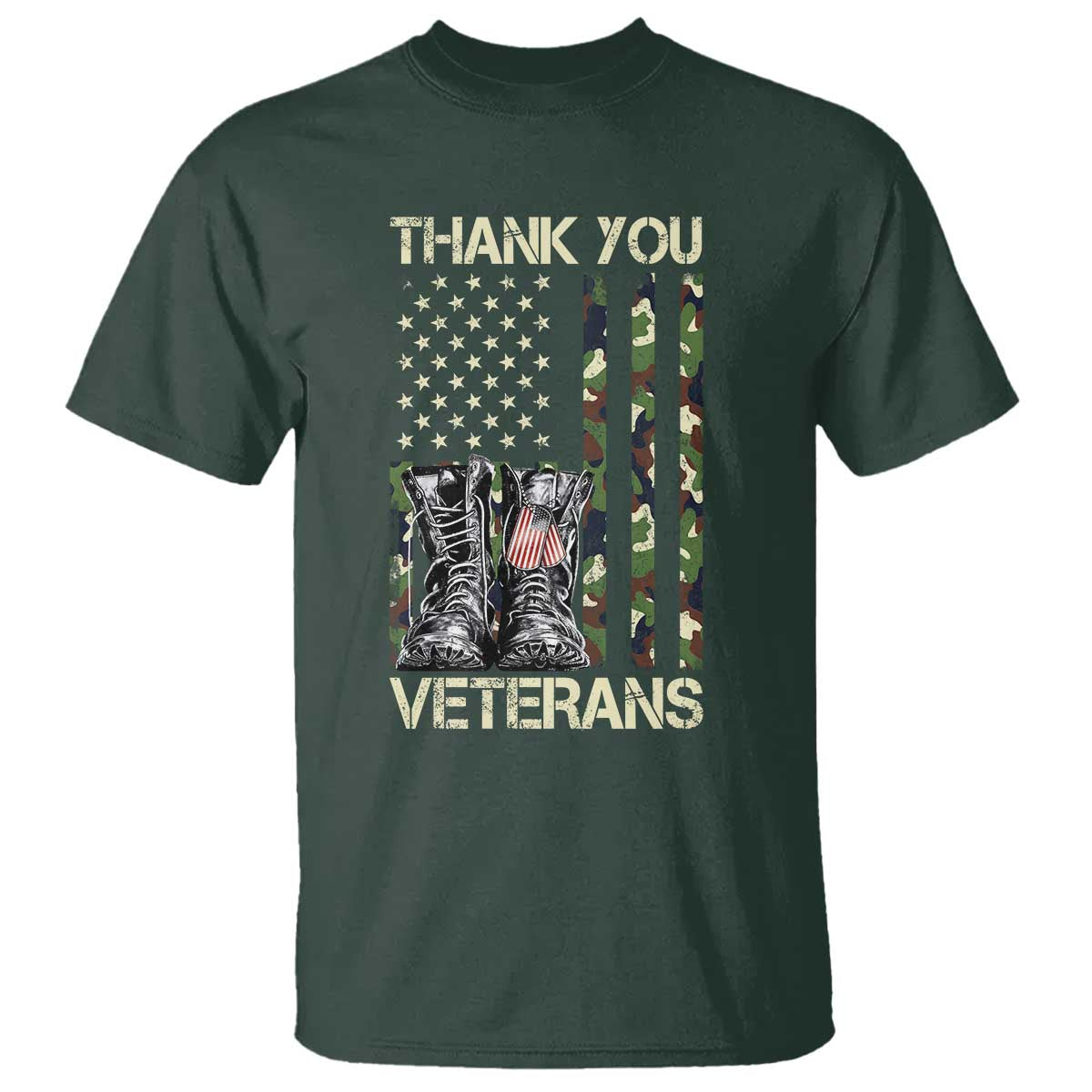 Thank You Veterans T Shirt Camo American Flag Military Supportive Veterans Day TS10 Dark Forest Green Print Your Wear