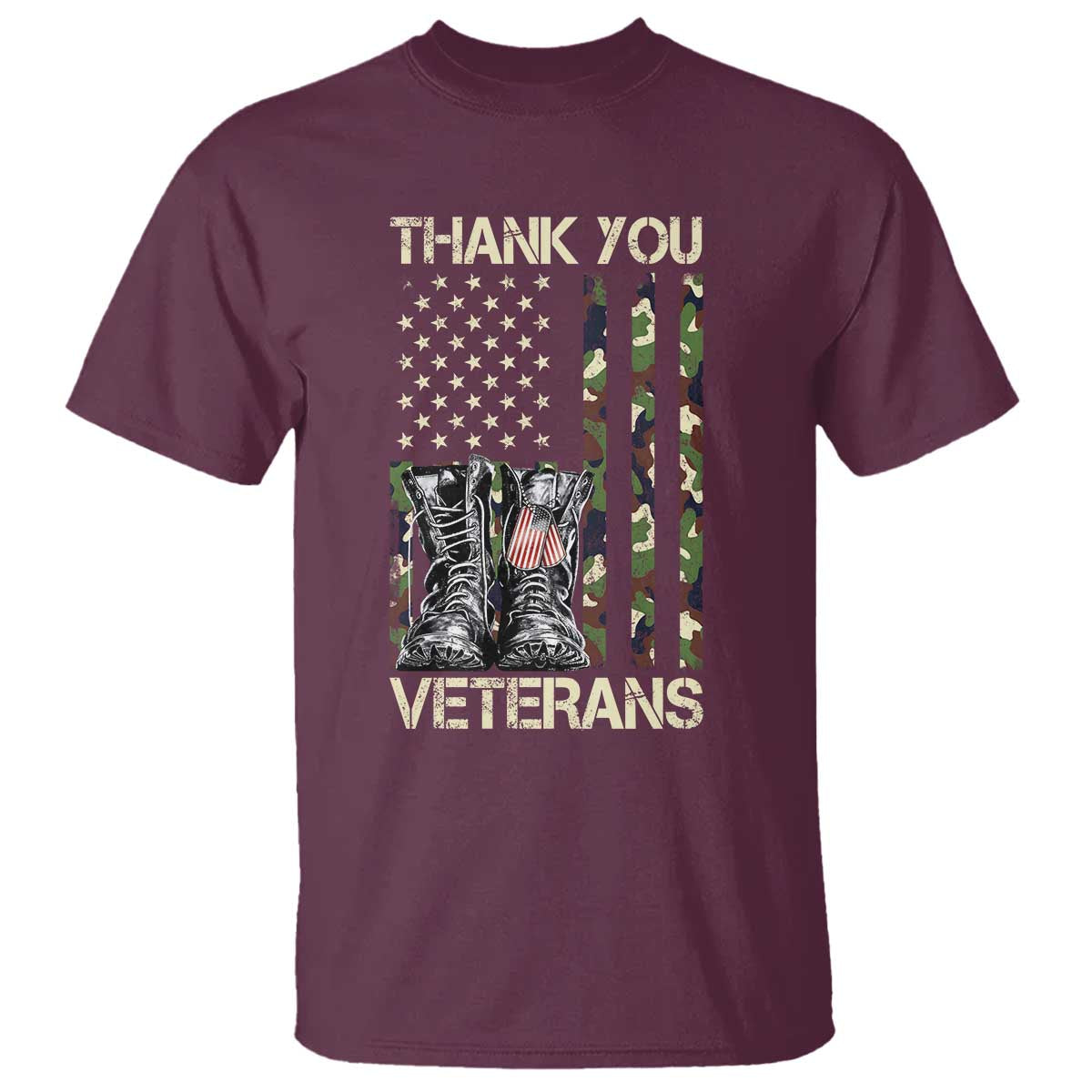 Thank You Veterans T Shirt Camo American Flag Military Supportive Veterans Day TS10 Maroon Print Your Wear