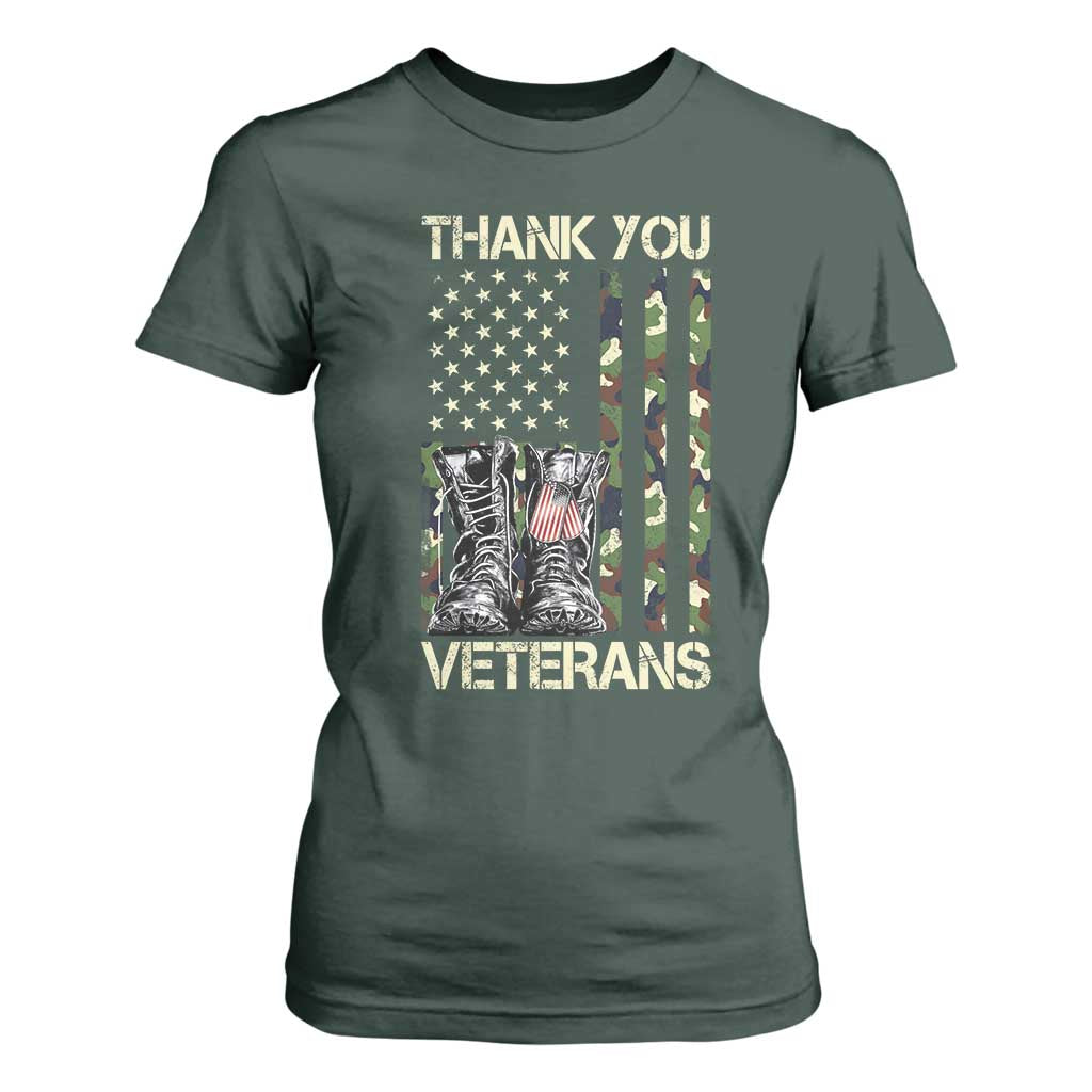 Thank You Veterans T Shirt For Women Camo American Flag Military Supportive Veterans Day TS10 Dark Forest Green Print Your Wear