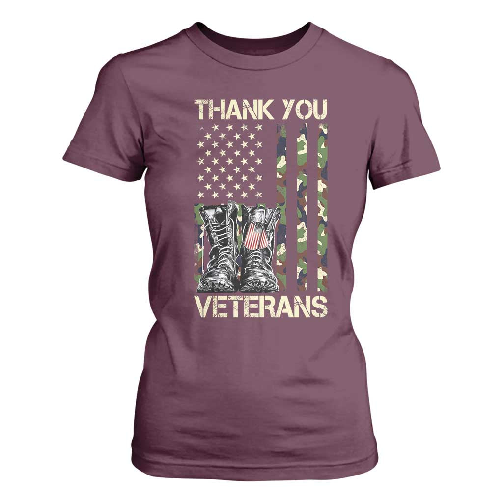 Thank You Veterans T Shirt For Women Camo American Flag Military Supportive Veterans Day TS10 Maroon Print Your Wear