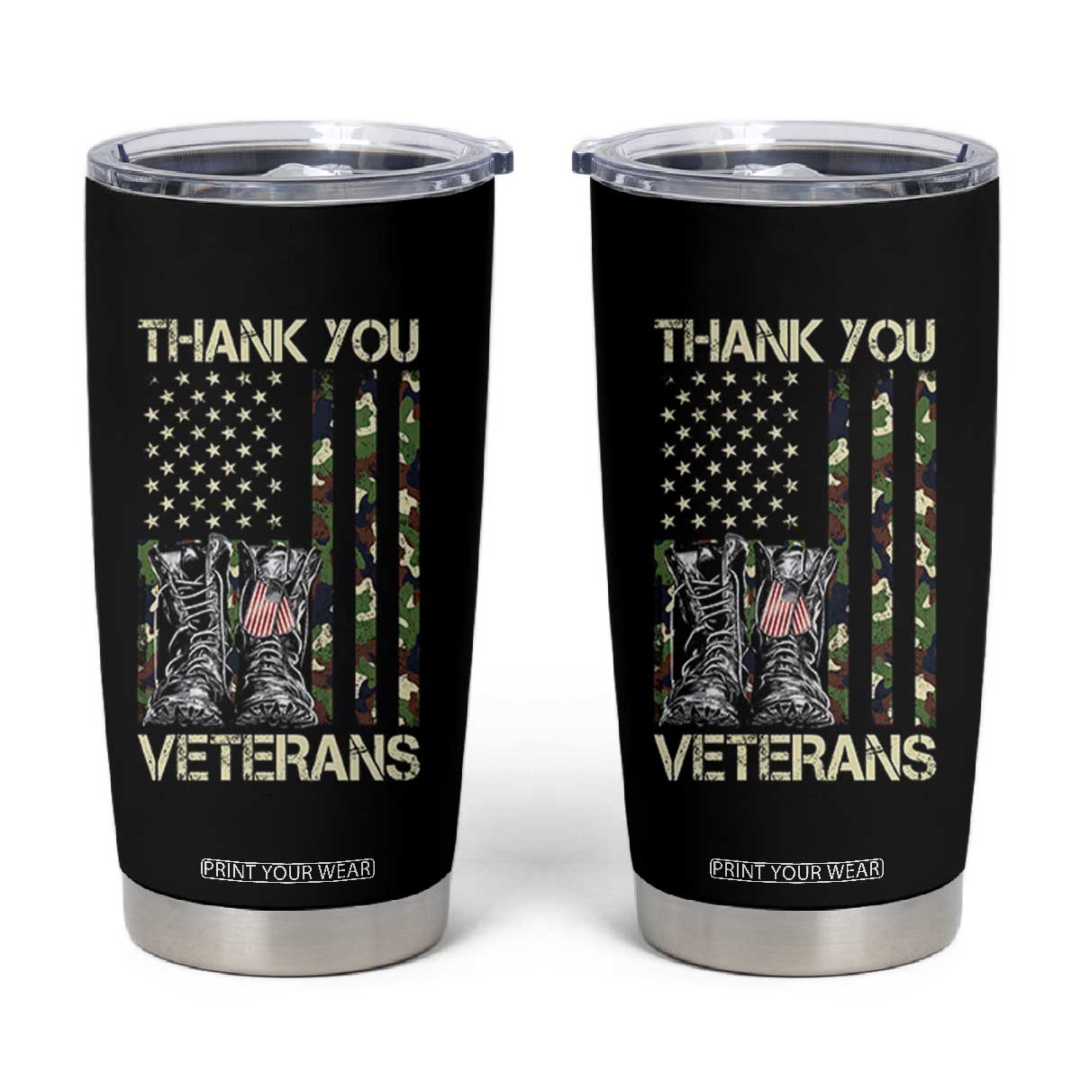 Thank You Veterans Tumbler Cup Camo American Flag Military Supportive Veterans Day TS10 Black Print Your Wear