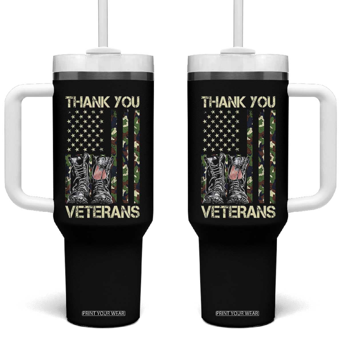 Thank You Veterans Tumbler With Handle Camo American Flag Military Supportive Veterans Day TS10 One Size: 40 oz Black Print Your Wear