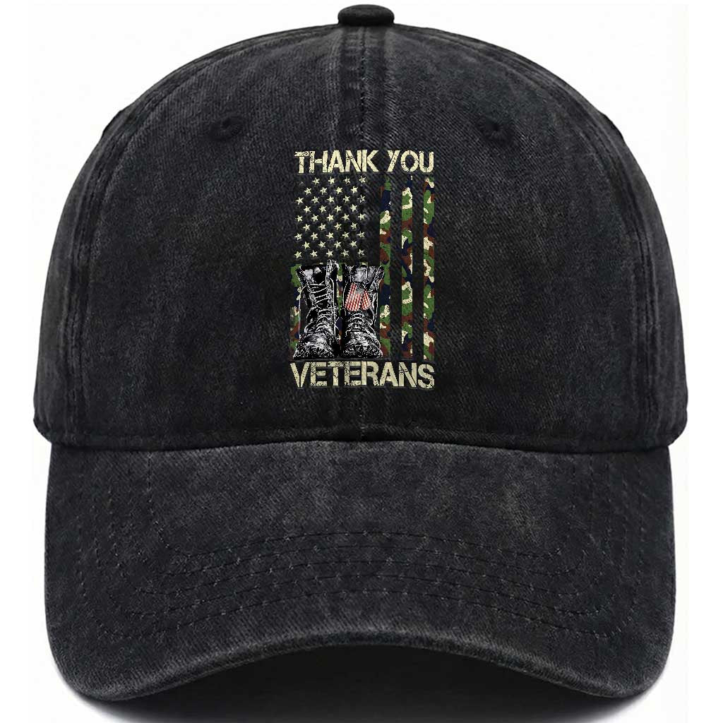 Thank You Veterans Washed Cotton Baseball Cap Camo American Flag Military Supportive Veterans Day TS10 Washed Cap Universal Fit Black Print Your Wear
