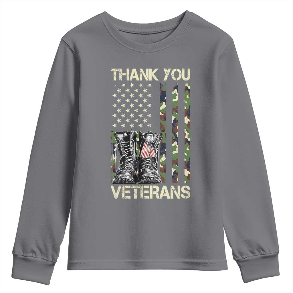 Thank You Veterans Youth Sweatshirt Camo American Flag Military Supportive Veterans Day TS10 Charcoal Print Your Wear
