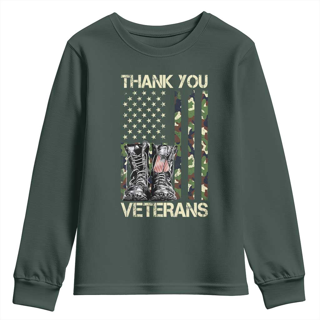 Thank You Veterans Youth Sweatshirt Camo American Flag Military Supportive Veterans Day TS10 Dark Forest Green Print Your Wear