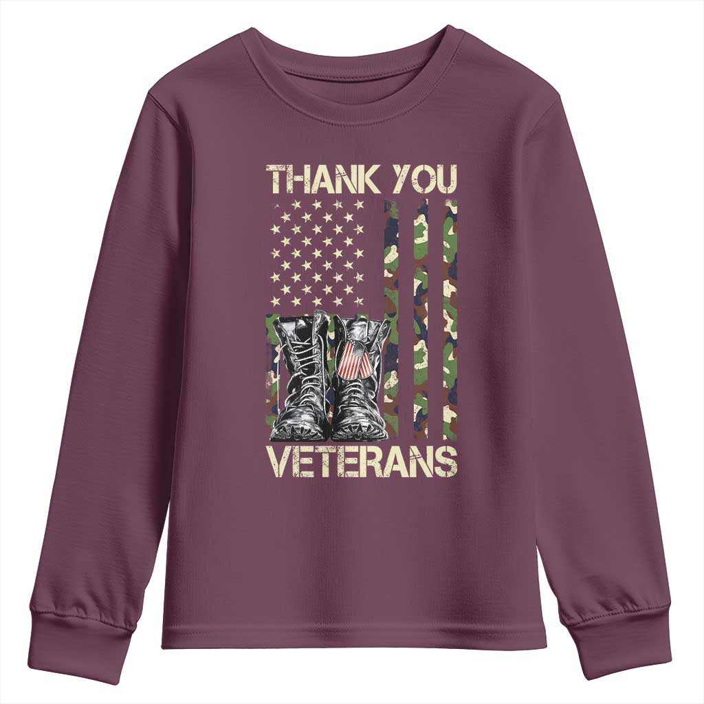 Thank You Veterans Youth Sweatshirt Camo American Flag Military Supportive Veterans Day TS10 Maroon Print Your Wear