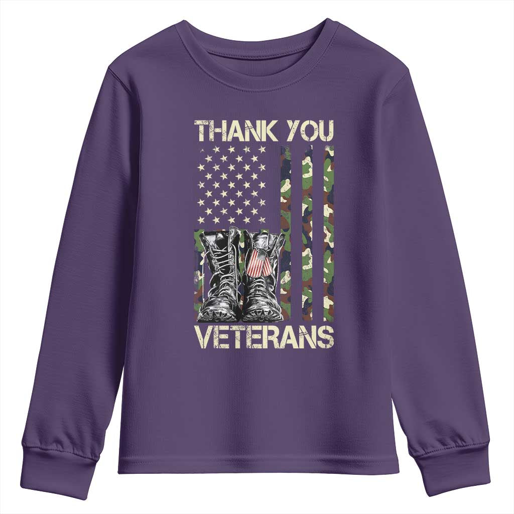 Thank You Veterans Youth Sweatshirt Camo American Flag Military Supportive Veterans Day TS10 Purple Print Your Wear