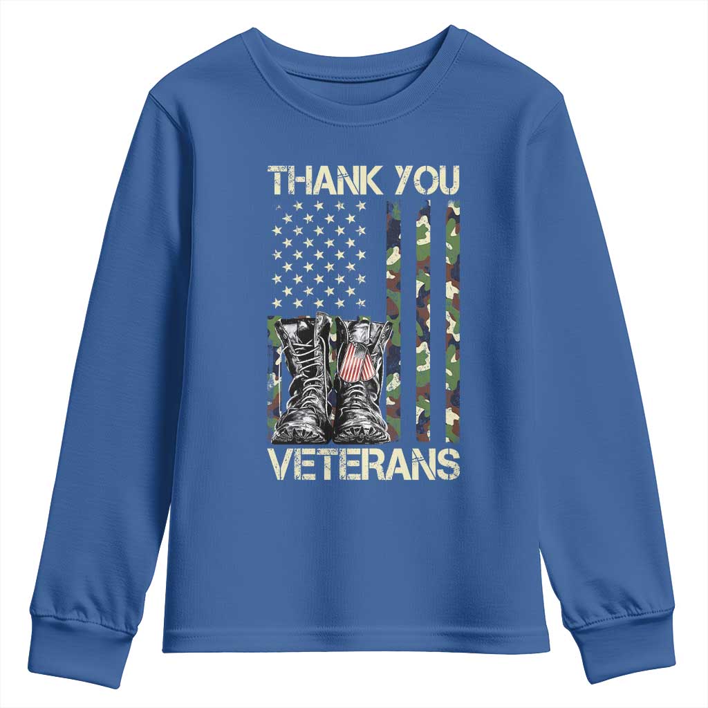 Thank You Veterans Youth Sweatshirt Camo American Flag Military Supportive Veterans Day TS10 Royal Blue Print Your Wear
