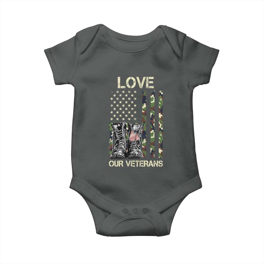 Love Our Veterans Baby Onesie Camo American Flag Military Supportive Veterans Day TS10 Dark Heather Print Your Wear