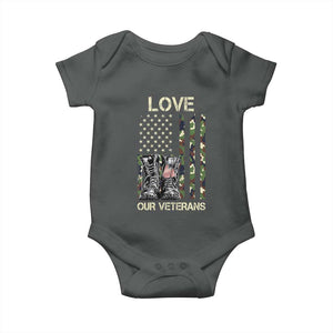 Love Our Veterans Baby Onesie Camo American Flag Military Supportive Veterans Day TS10 Dark Heather Print Your Wear