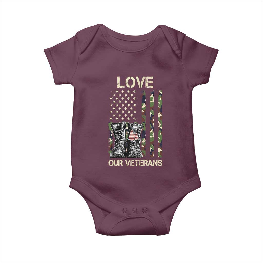 Love Our Veterans Baby Onesie Camo American Flag Military Supportive Veterans Day TS10 Maroon Print Your Wear