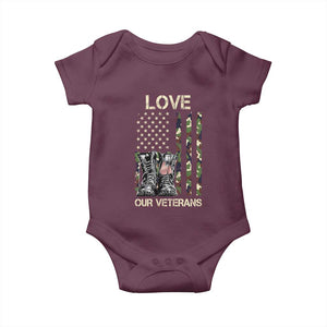 Love Our Veterans Baby Onesie Camo American Flag Military Supportive Veterans Day TS10 Maroon Print Your Wear