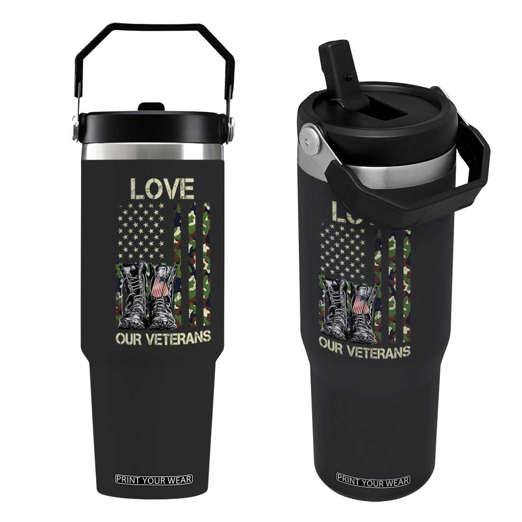 Love Our Veterans Flip Straw Tumbler Camo American Flag Military Supportive Veterans Day TS10 One Size: 30 oz Black Print Your Wear