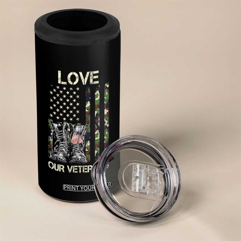 Love Our Veterans 4 in 1 Can Cooler Tumbler Camo American Flag Military Supportive Veterans Day TS10 Print Your Wear