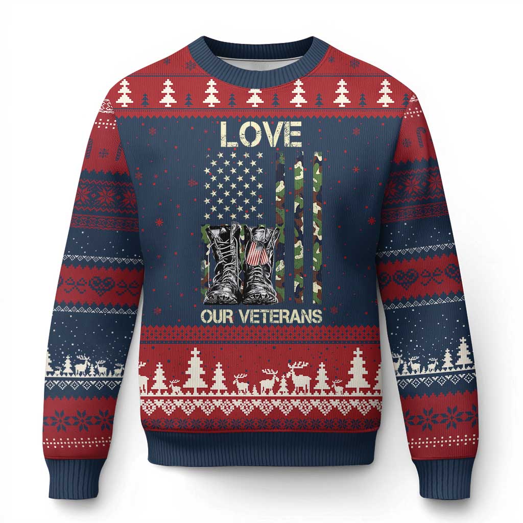 Love Our Veterans Ugly Christmas Sweater Camo American Flag Military Supportive Veterans Day TS10 Navy Red Print Your Wear