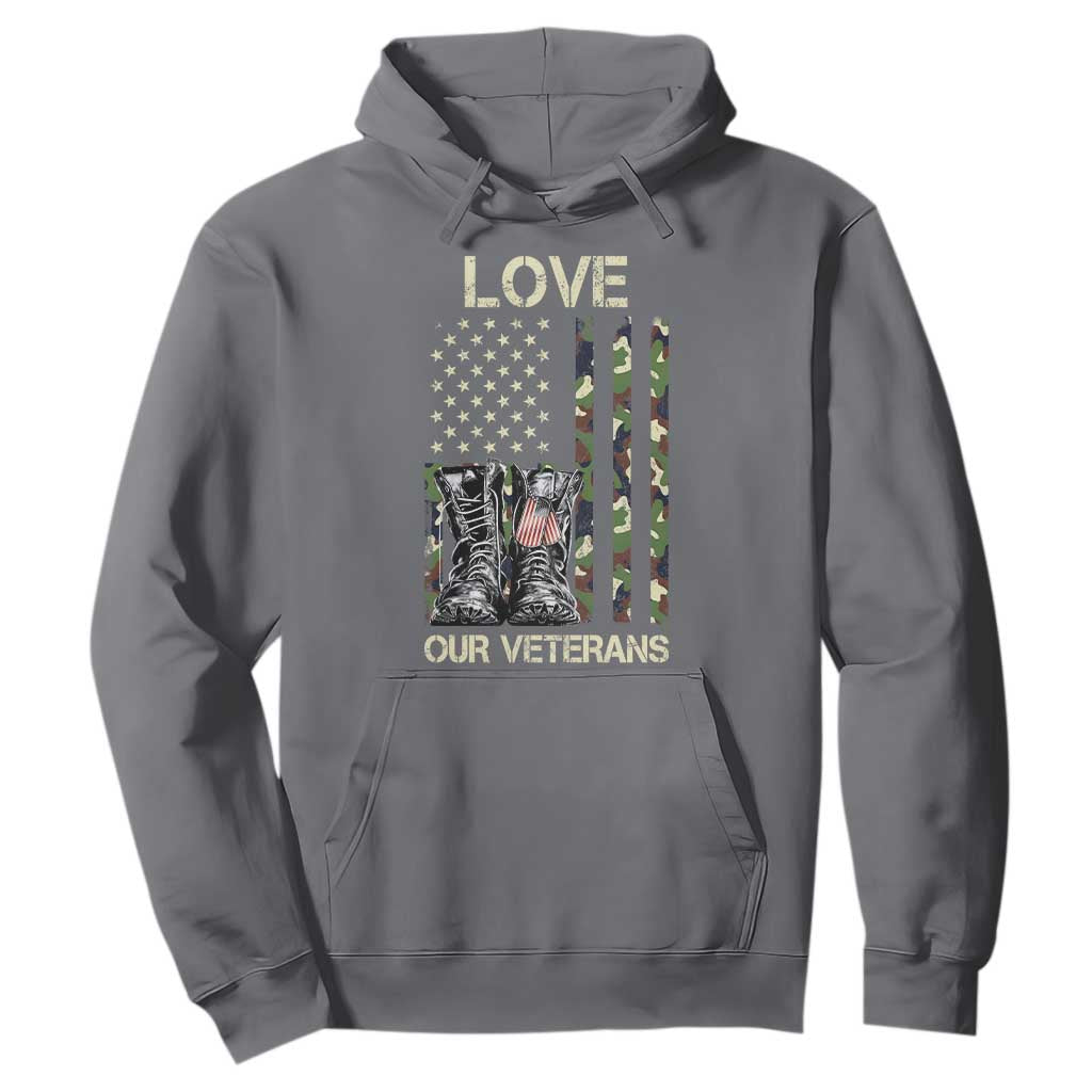 Love Our Veterans Hoodie Camo American Flag Military Supportive Veterans Day TS10 Charcoal Print Your Wear