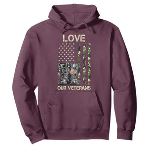Love Our Veterans Hoodie Camo American Flag Military Supportive Veterans Day TS10 Maroon Print Your Wear