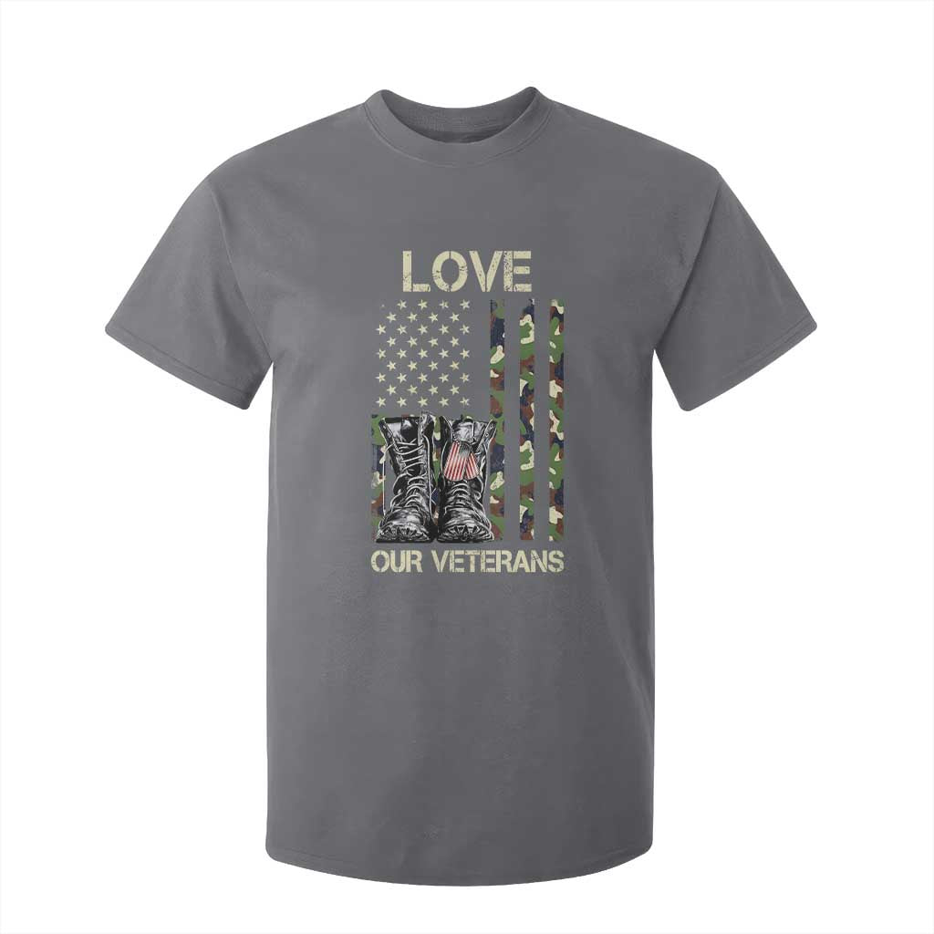 Love Our Veterans T Shirt For Kid Camo American Flag Military Supportive Veterans Day TS10 Charcoal Print Your Wear