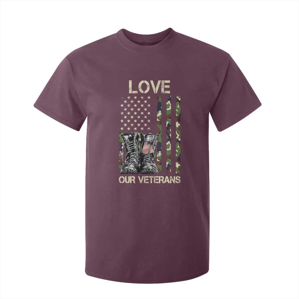 Love Our Veterans T Shirt For Kid Camo American Flag Military Supportive Veterans Day TS10 Maroon Print Your Wear