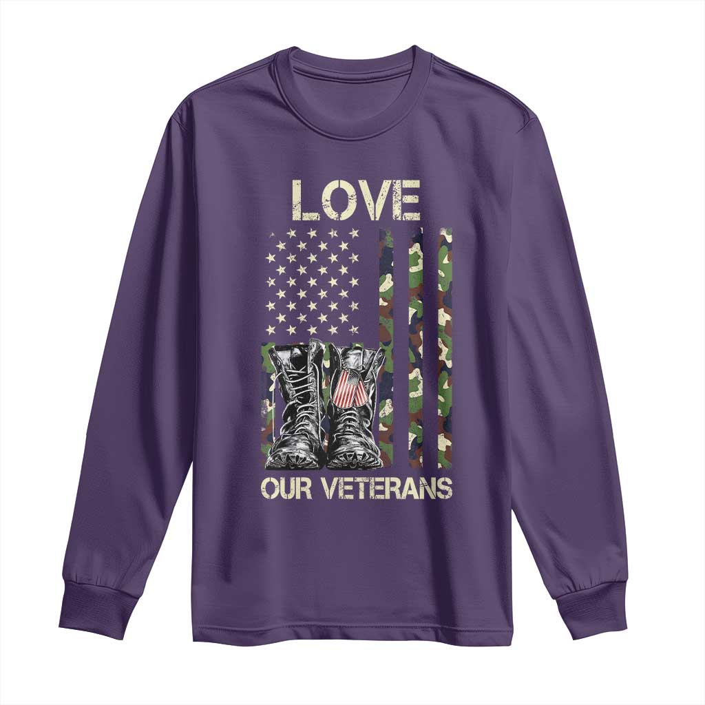 Love Our Veterans Long Sleeve Shirt Camo American Flag Military Supportive Veterans Day TS10 Purple Print Your Wear