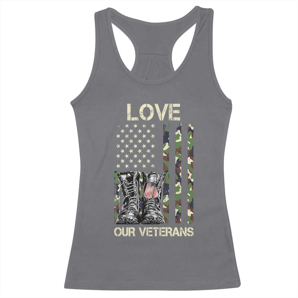 Love Our Veterans Racerback Tank Top Camo American Flag Military Supportive Veterans Day TS10 Charcoal Print Your Wear