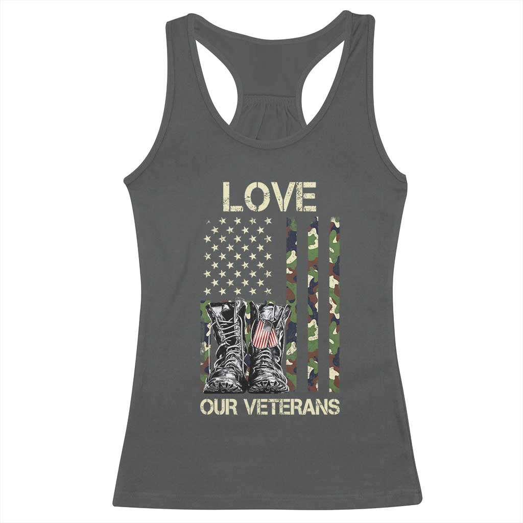 Love Our Veterans Racerback Tank Top Camo American Flag Military Supportive Veterans Day TS10 Dark Heather Print Your Wear