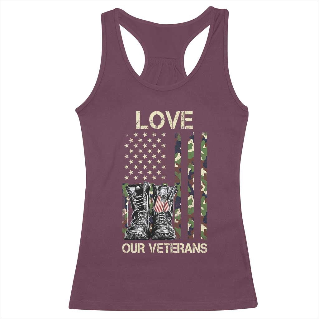 Love Our Veterans Racerback Tank Top Camo American Flag Military Supportive Veterans Day TS10 Maroon Print Your Wear