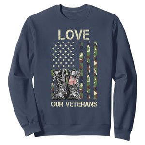Love Our Veterans Sweatshirt Camo American Flag Military Supportive Veterans Day TS10 Navy Print Your Wear