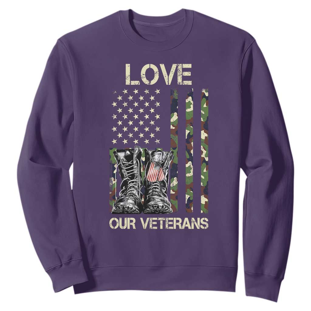 Love Our Veterans Sweatshirt Camo American Flag Military Supportive Veterans Day TS10 Purple Print Your Wear