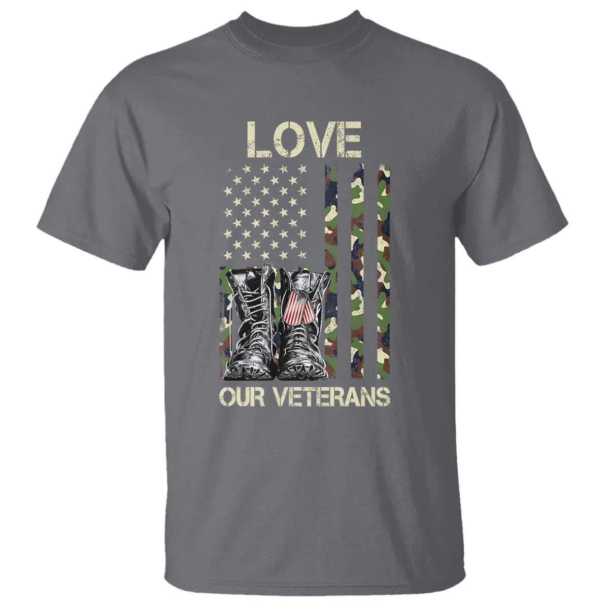 Love Our Veterans T Shirt Camo American Flag Military Supportive Veterans Day TS10 Charcoal Print Your Wear