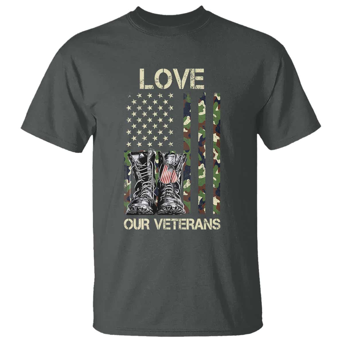 Love Our Veterans T Shirt Camo American Flag Military Supportive Veterans Day TS10 Dark Heather Print Your Wear