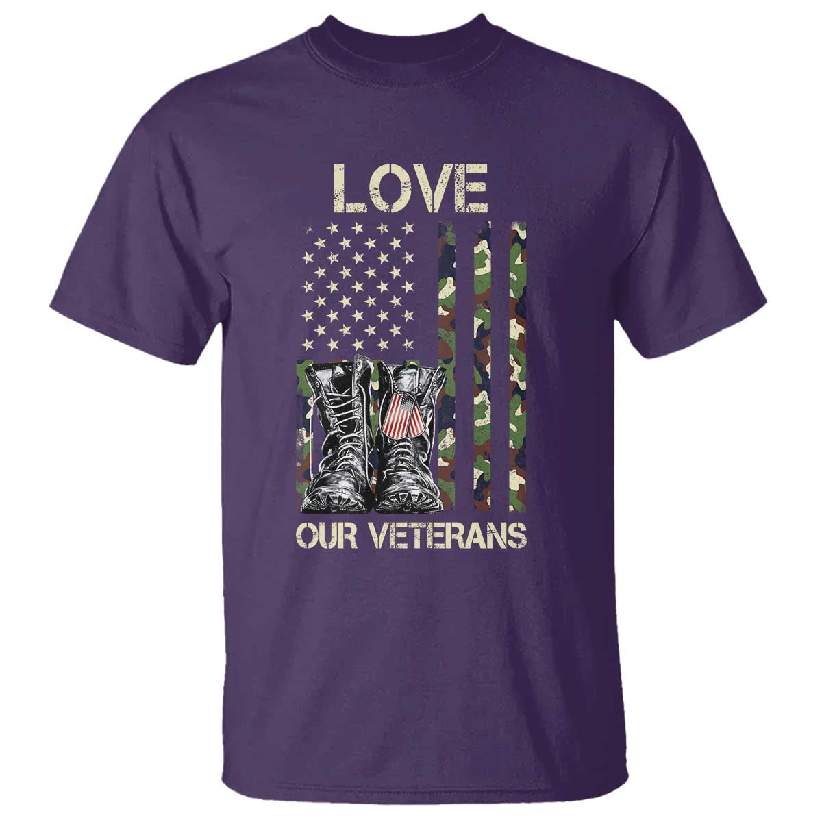 Love Our Veterans T Shirt Camo American Flag Military Supportive Veterans Day TS10 Purple Print Your Wear
