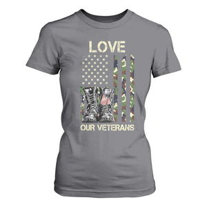 Love Our Veterans T Shirt For Women Camo American Flag Military Supportive Veterans Day TS10 Charcoal Print Your Wear