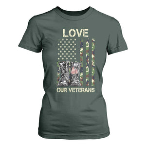 Love Our Veterans T Shirt For Women Camo American Flag Military Supportive Veterans Day TS10 Dark Forest Green Print Your Wear