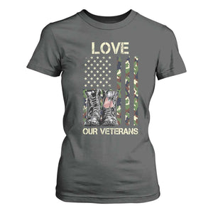 Love Our Veterans T Shirt For Women Camo American Flag Military Supportive Veterans Day TS10 Dark Heather Print Your Wear