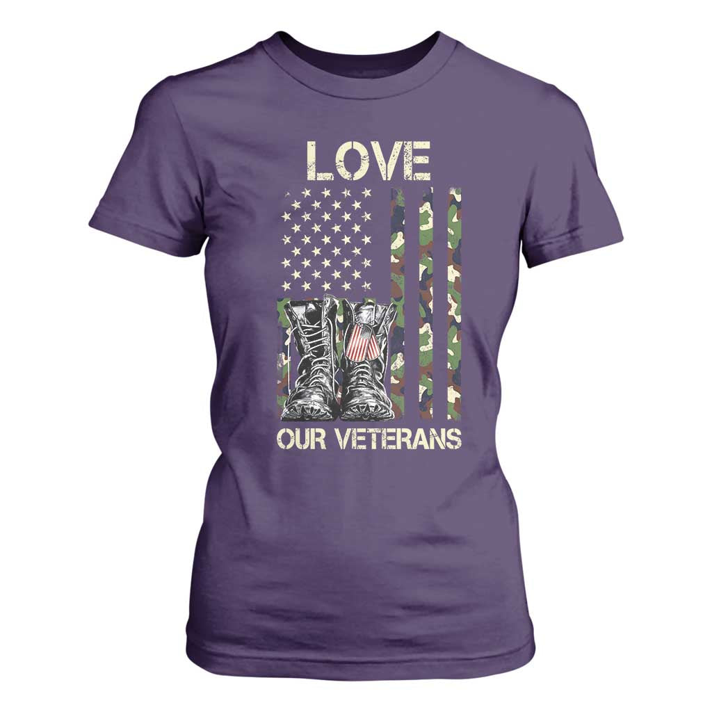 Love Our Veterans T Shirt For Women Camo American Flag Military Supportive Veterans Day TS10 Purple Print Your Wear