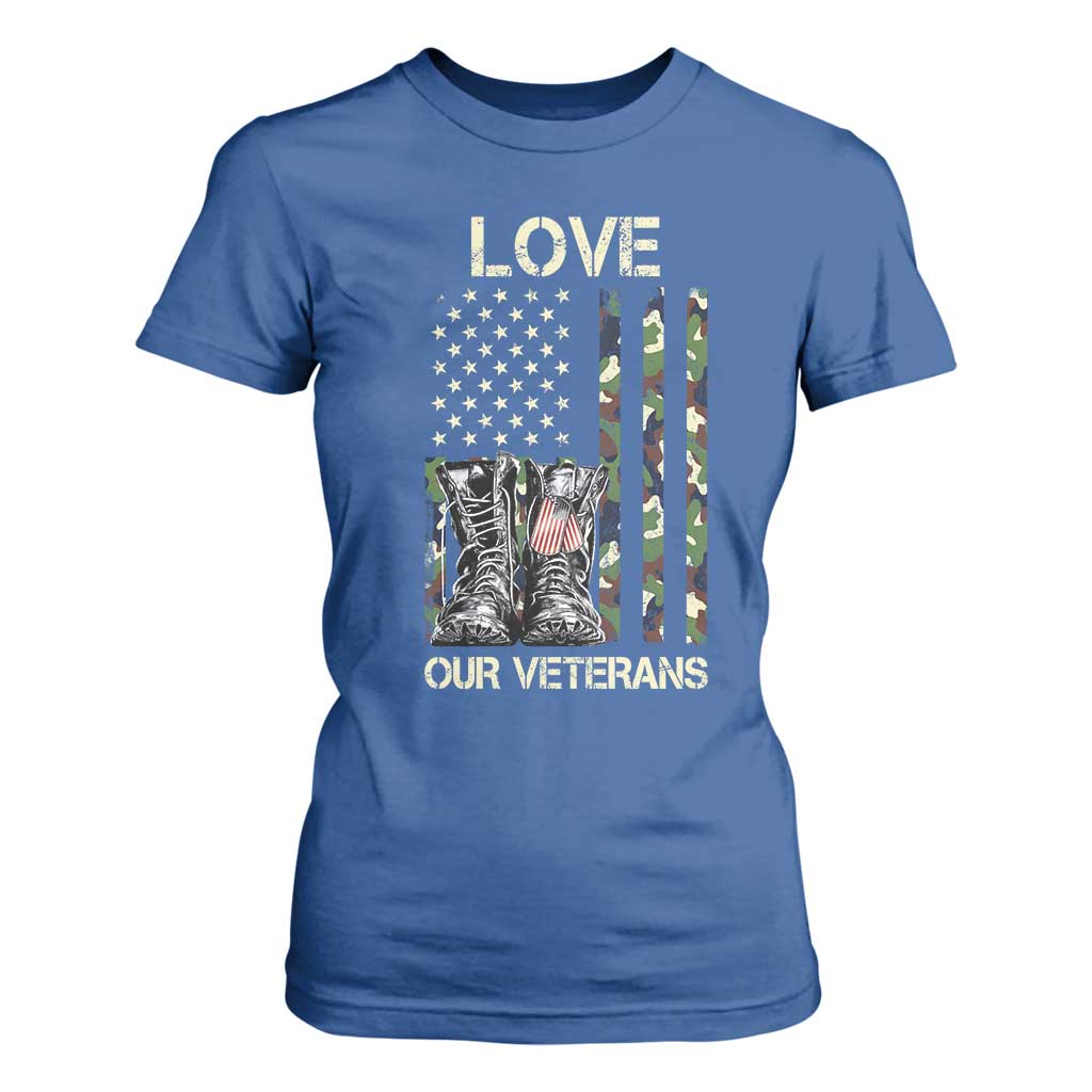 Love Our Veterans T Shirt For Women Camo American Flag Military Supportive Veterans Day TS10 Royal Blue Print Your Wear