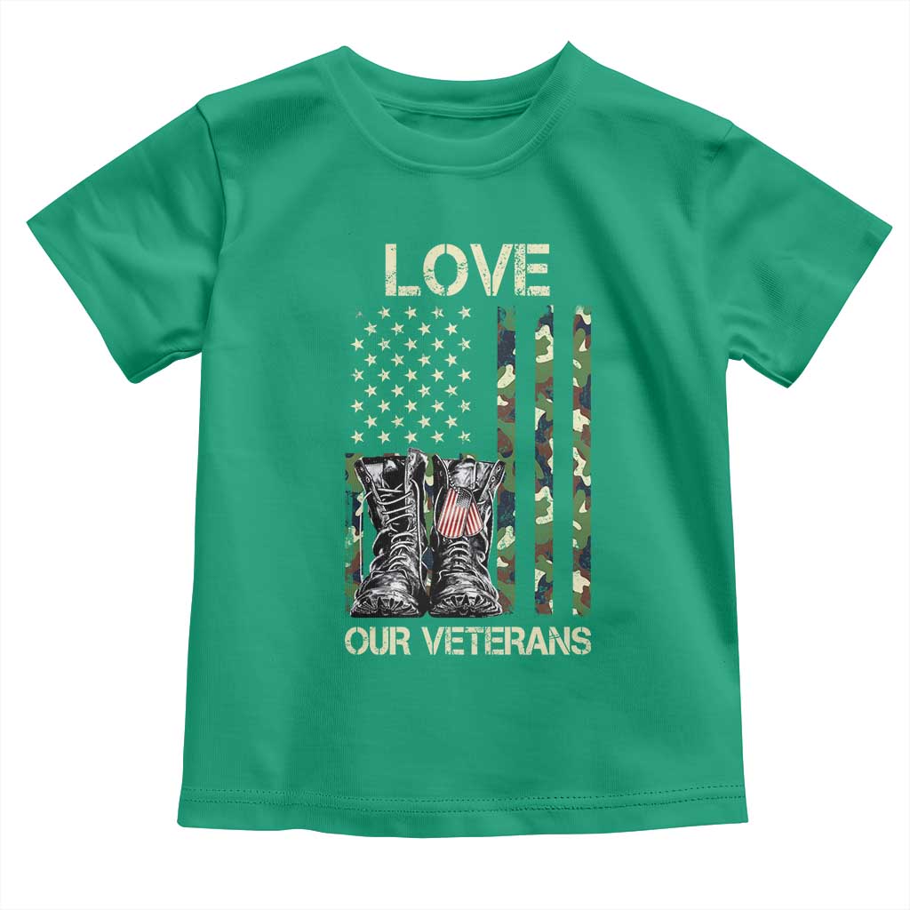 Love Our Veterans Toddler T Shirt Camo American Flag Military Supportive Veterans Day TS10 Irish Green Print Your Wear
